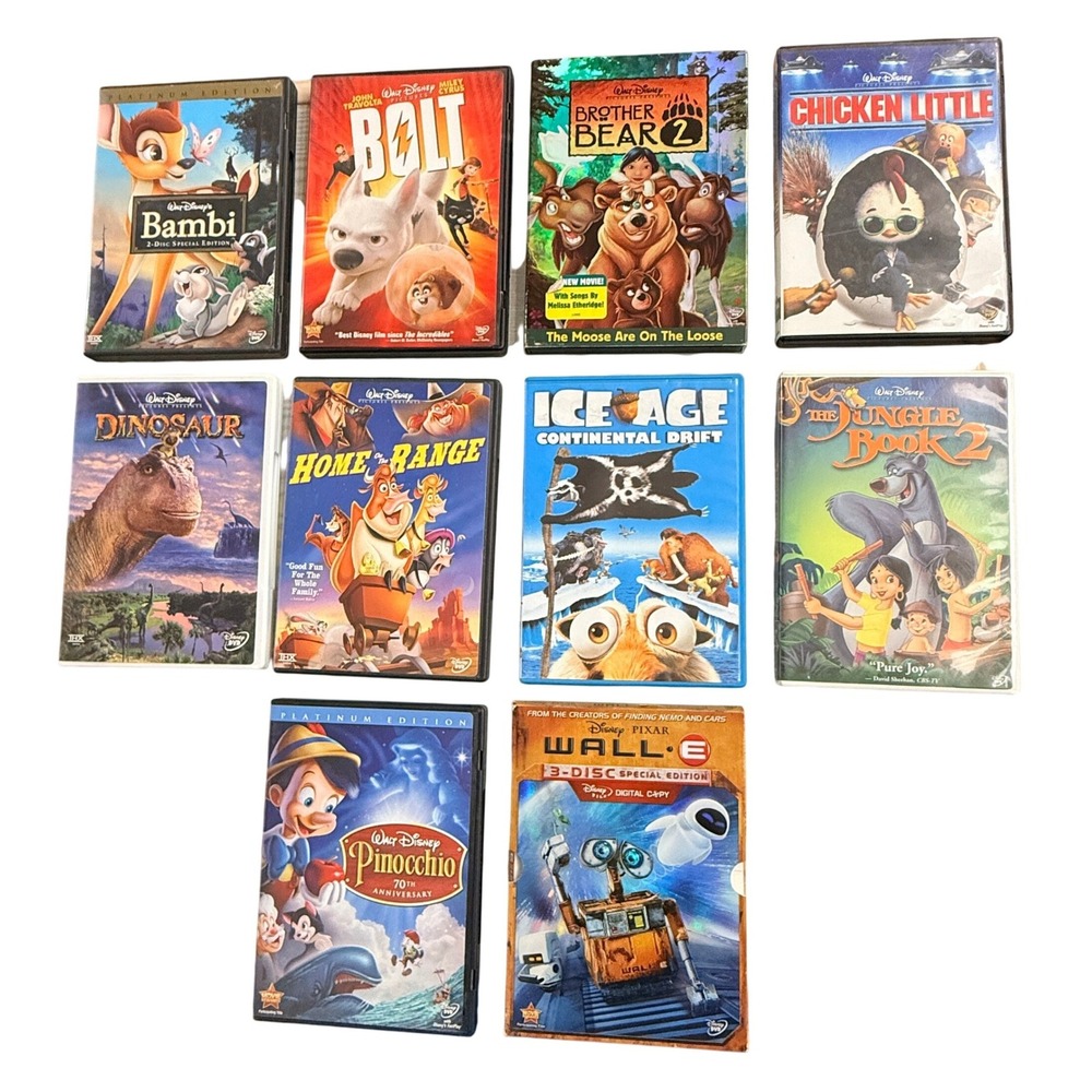 Disney Pixar Kids DVD Lot 10 Movies Bambi Wall-E Pinocchio Bolt Multi Animation